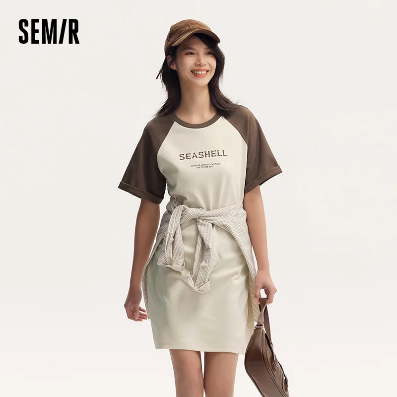Semir Dress Women Printed Loose T-shirt Dress 2024 New Summer Version Color-blocking Raglan Sleeve Short Dress