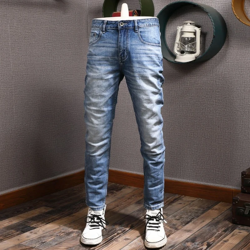 

Italian Style Fashion Men Jeans Retro Blue High Quality Elastic Slim Fit Ripped Jeans Men Trousers Vintage Designer Pants Hombre