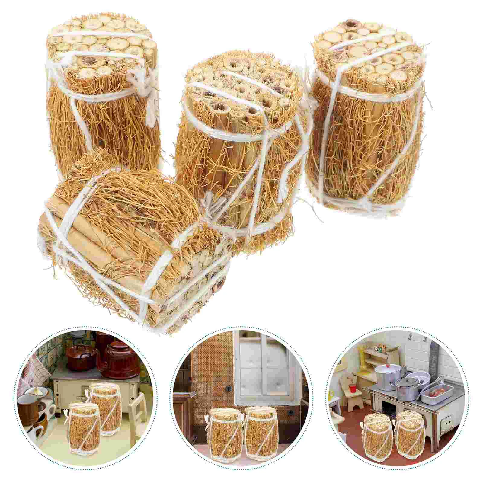 4 Pcs Model House Straw Bag Child Ornaments for Kids Dollhouse Wood Mini