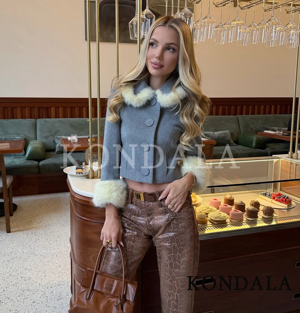 KONDALA à la mode mignon mélangé mince veste femmes fausse fourrure manchette boutons veste 2026 printemps automne mode haute rue douce Y2K veste