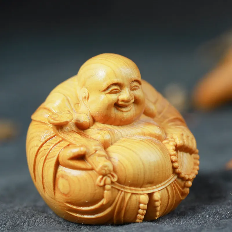 Tallado en madera Buda Maitreya, adornos de escritorio en miniatura, artesanía de Buda riendo de madera, regalo, mango de estilo chino, suministros