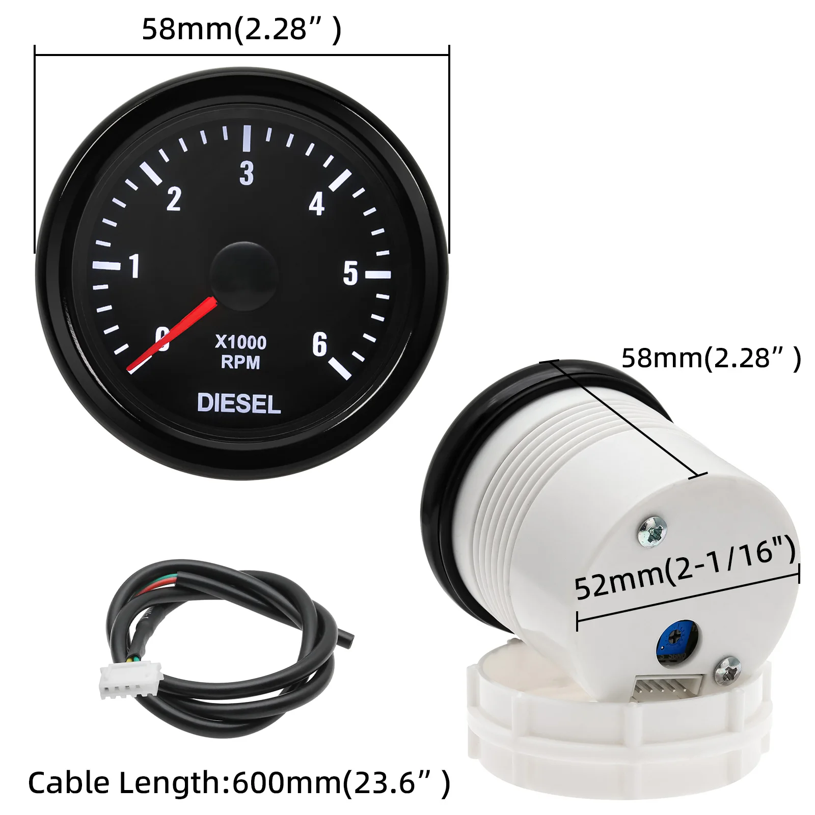 Universal 52MM Electrical Gauge Tachometer 12V 0-6000 RPM Tacho Meter White Backlight For 1-20 Cylinder Diesel Motor Engines view 4