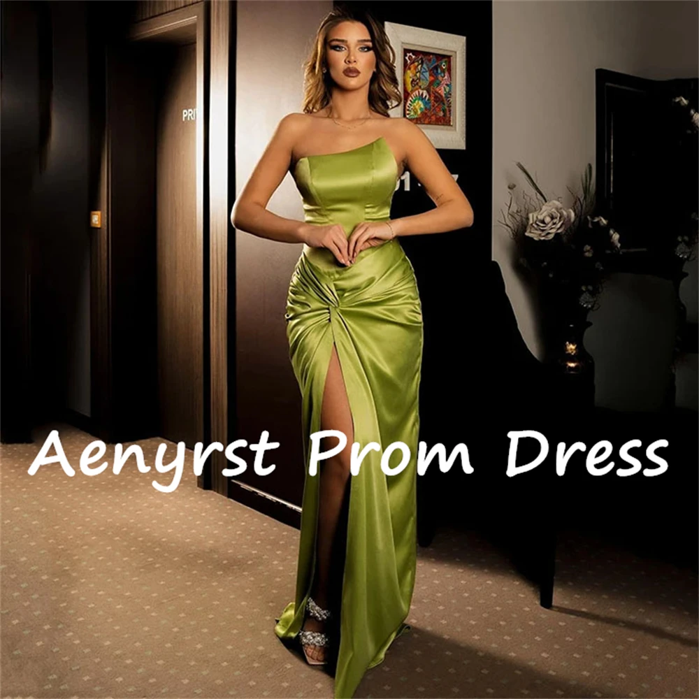 Aenyrst Green Strapless Pleat Saudi Arabia Evening Dresses Satin Mermaid Side Split Prom Gowns Floor Length Formal Party Dress