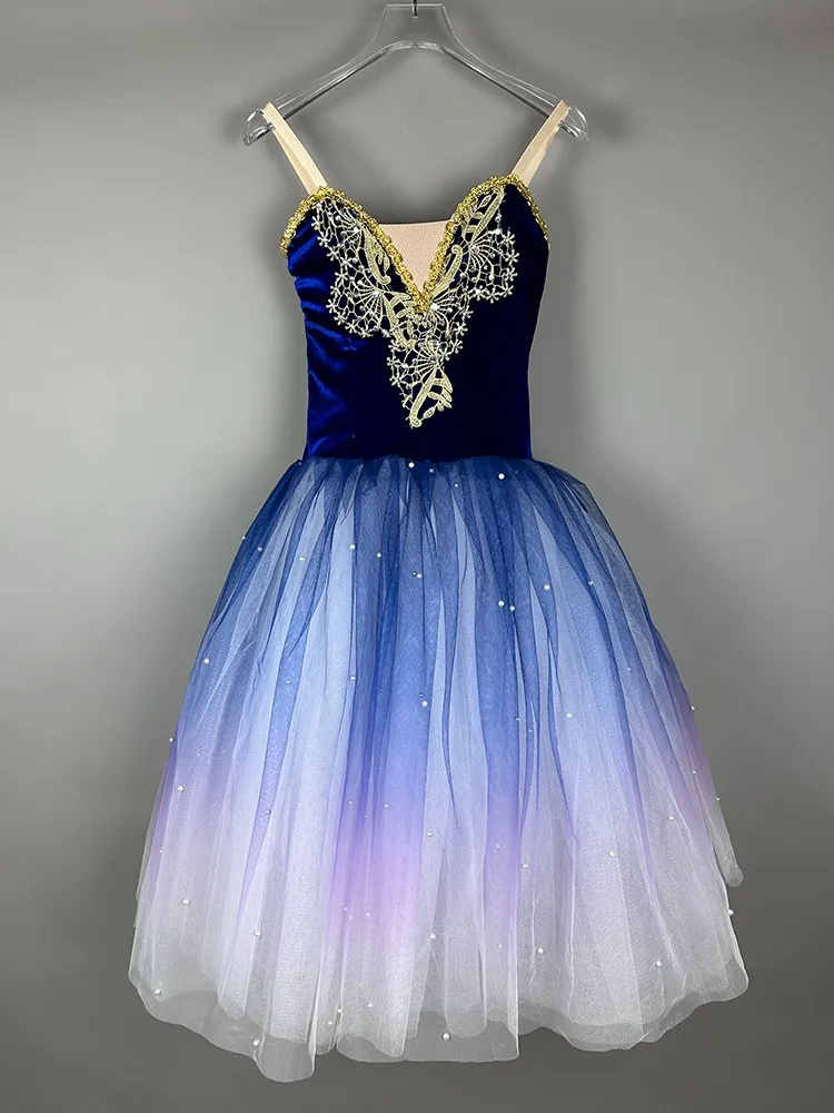 Vestido de Ballet largo para niñas, ropa de actuación, azul y púrpura tutú de falda de Ballet, trajes profesionales de danza del vientre, Top de