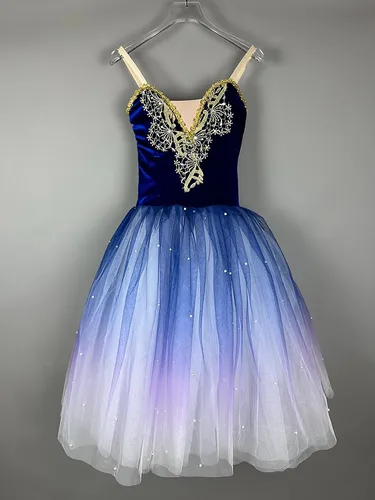 Imagen 2 del producto Vestido largo de Ballet para niños, ropa de actuación, falda tutú de Ballet azul y morado, trajes profesionales de danza del vientre, Top de terciopelo
