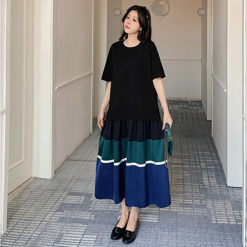 Zomer Plus Size Dames Loose Fit Korte mouw Kleurcontrast Street Style Oversize Ronde hals A-lijn T-shirt Lange jurk