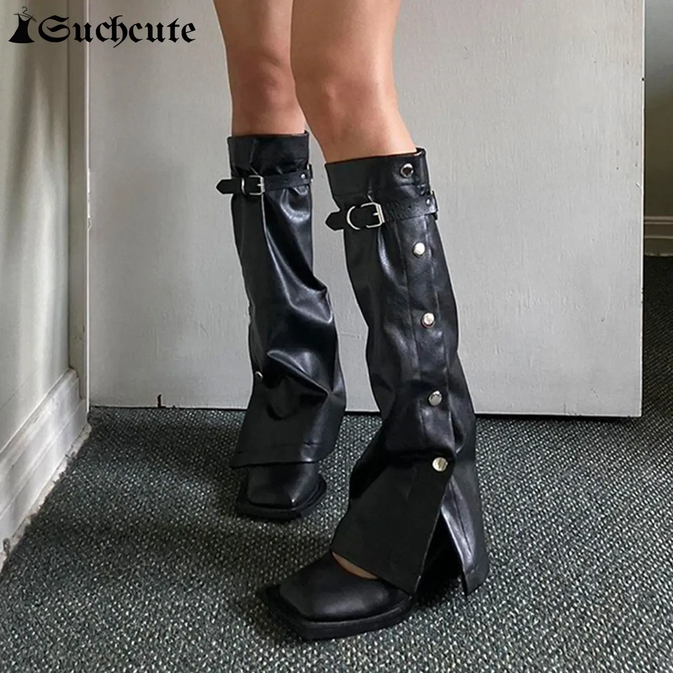 SUCHCUTE Harajuku Punk Black Faux Leather Leg Slit Side Buttons Buckled Flared Leg Women Gaiters Knee Long Sock Boot Covers 2024