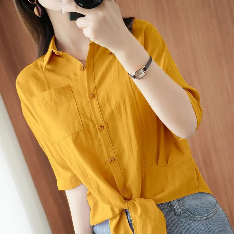 

Office Lady Solid Color All-match Shirt Summer Pockets Patchwork Single-breasted Female Clothing Casual Stylish Bandage Blouse