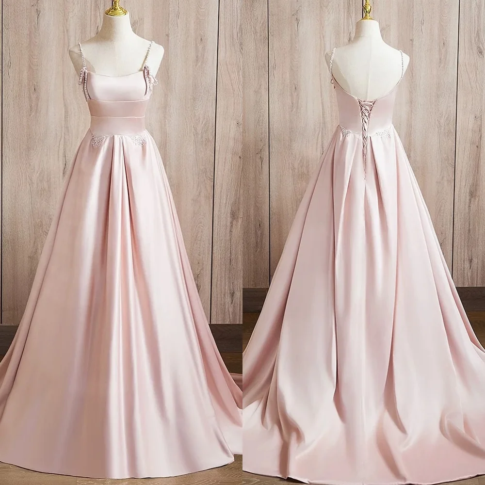 Customized  Graceful Light Pink Satin Evening Dress Exquisite Square Collar Spaghetti Straps Sleeveless Lace Up Back Prom Dress