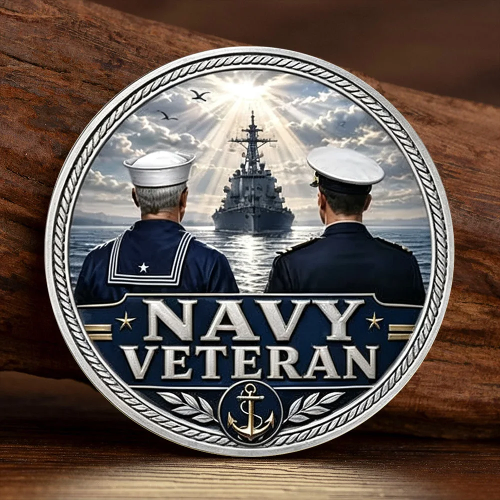 2D Flat US Navy Veteran Challenge Coin Anchor Warship Medal Silvery Plated Souvenir Coin Veteran Collection Gift