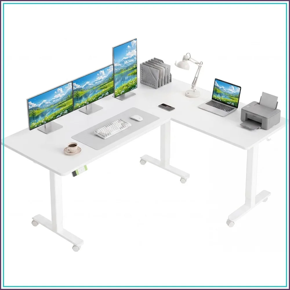 office deskL Shaped Standing Desk Dual Motor Adjustable Height 63x55in White