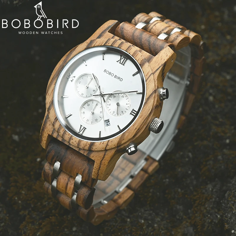 Relógio de madeira personalizado bobbyd nome personalizado marca bobobird cronógrafo militar relógio de pulso de quartzo com caixa de madeira dropshipping