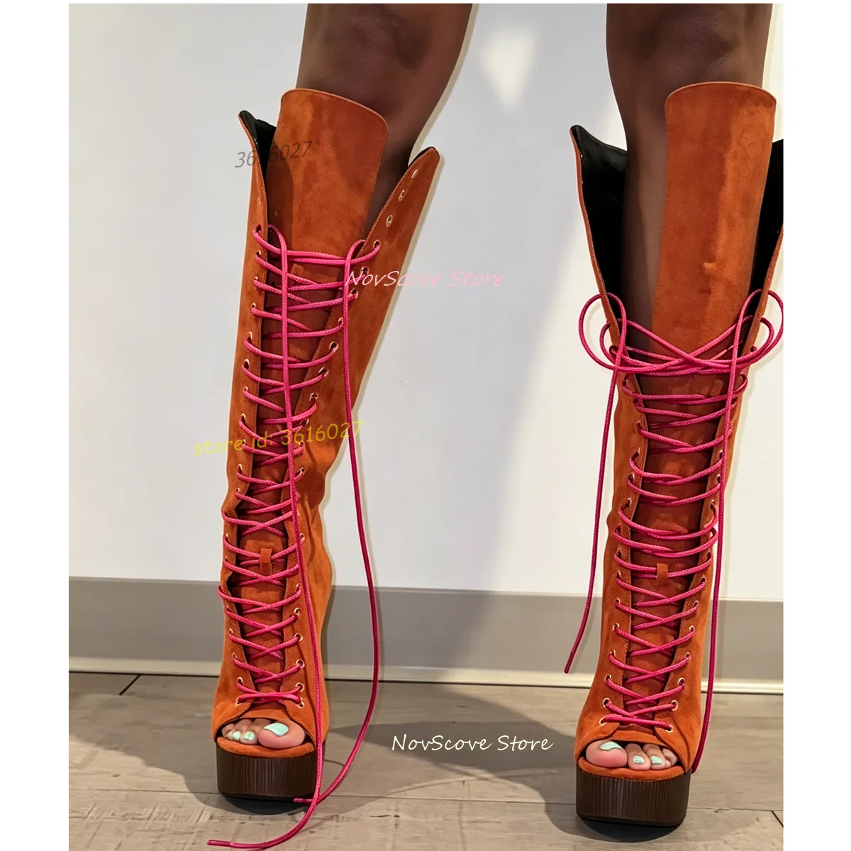 Suede Peep Toe Knee High Booties Platform Wedges Heels Mixed Color Cross Straps Long Booties Autumn Sexy Women Party Booties