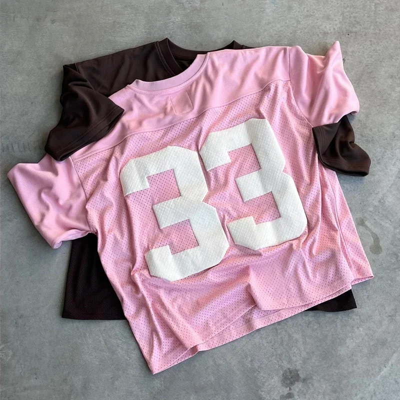 Camiseta y2k con cuello en V rosa 33 estilo callejero hip-hop para mujer, ropa deportiva gótica de moda, top de fútbol de secado rápido para mujer 2025