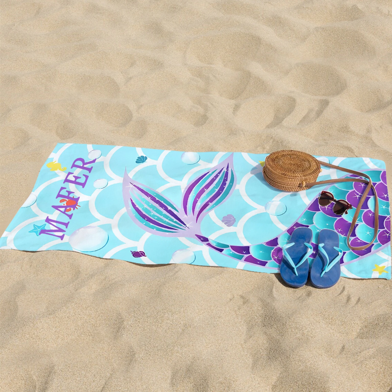 

1 шт., пляжные полотенца с индивидуальным именем, полотенца из микрофибры «Русалка», впитывающие быстросохнущие мягкие полотенца для плавания, подарок на день рождения, Хэллоуин