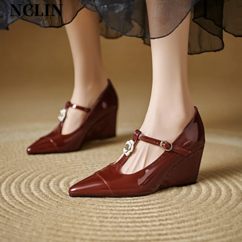

Red Mary Jane Women Pumps New Fashion Flower Wedges High Heels Female Lolita Pointed Toe Party Leather Shoes for Woman Sandals