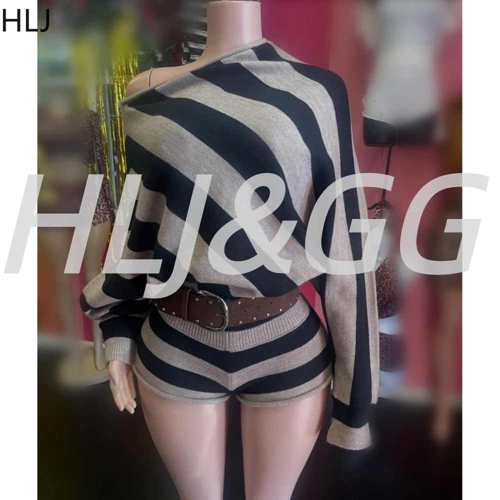 

HLJ Осенние новые вязаные комплекты из двух предметов в полоску с принтом, женский топ на одно плечо с длинными рукавами и шорты, модная уличная одежда из 2 предметов
