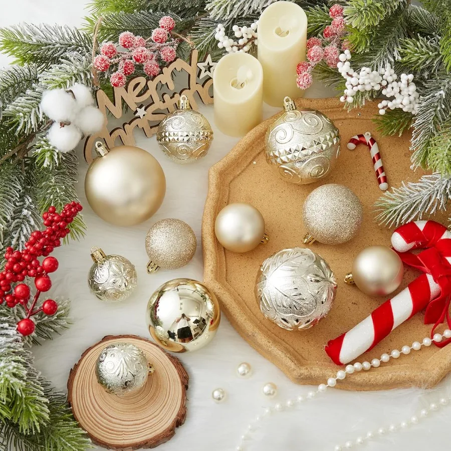 مجموعة زينة كرة عيد الميلاد المقاومة للكسر مكونة من 30 قطعة مع 6 أنماط في 4 مقاسات لحفلات العطلات وزينة شجرة عيد الميلاد مثالية لـ