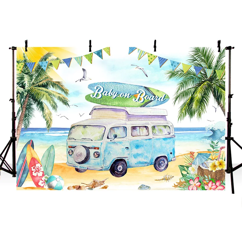 Mehofond Photography Background Baby on Board Summer Beach Backdrop Surfboard Van Palm Tree Holiday Seaside Scenery Photozone