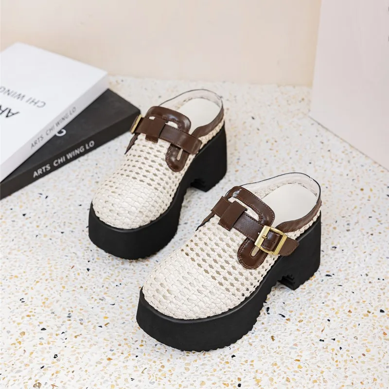 

AIYUQI Women's Slippers Mesh Holes 2026 New Summer Women's Mules 9cm High Heel Mules Woven Slippers Women