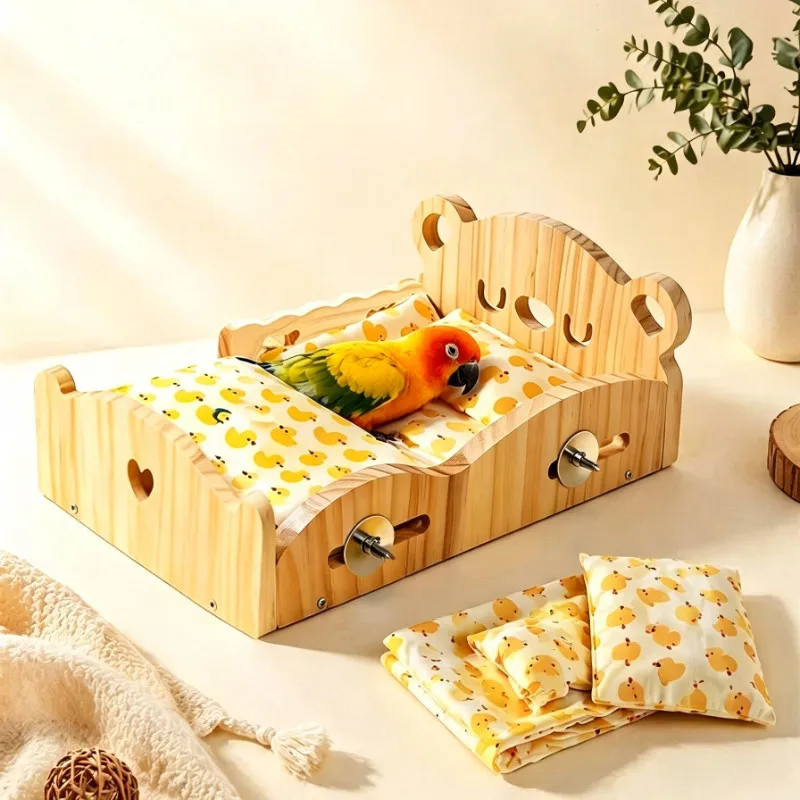 Wooden Bird Bed for Small Medium Parrots, Cage Mounted Sleeping Platform with Bedding Set, Budgie Cockatiel Lovebird Conure Pet