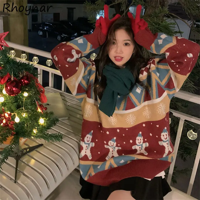 

O-neck Pullovers Women Christmas American Retro All-match Snowflake Loose Long-sleeve Gentle Soft Winter New Knitting Trendy