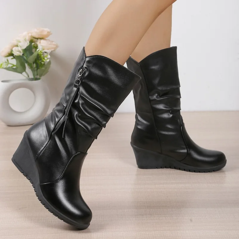 

Wedge Cotton Shoes Winter New Round Toe Pleated Soft Sole Non-slip Zipper Plus Size Mid-leg Boots