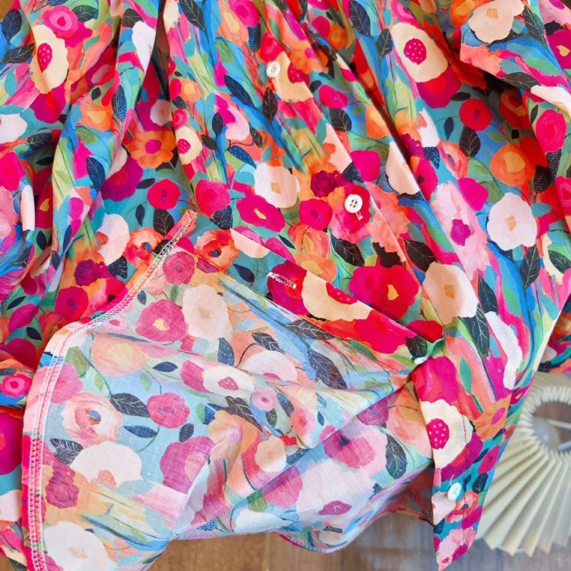 1-8 Years Oil Style Full Print Flower Spring Autumn Girls Dress Full Sleeve Lapel Single Breasted Princess Dress For Girl