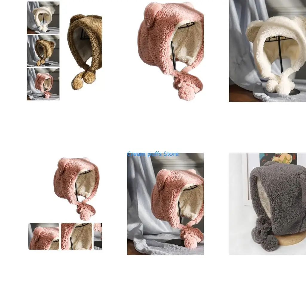 50LE Trapper Hat Plush Earflaps Cap Warm Lining Cartoon Bear Ears Skullcap