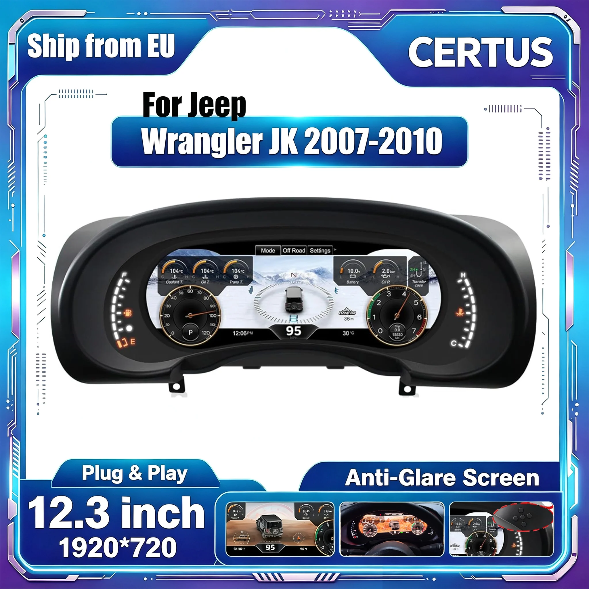 Pour Jeep Wrangler JK / JKU 2007-2010 : tableau de bord numérique avec horloge et compteur de vitesse, cockpit virtuel, compatible avec les modèles Unlimited, Sahara, Sport et Rubicon