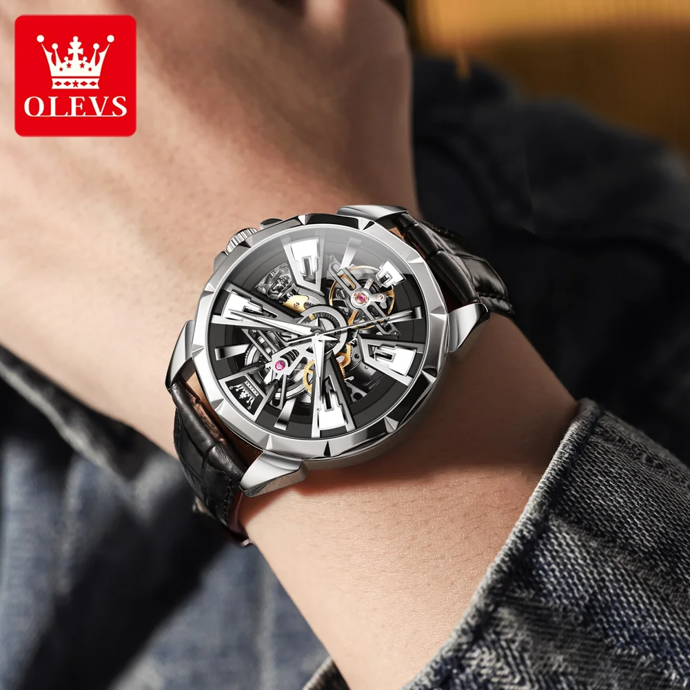 OLEVS 7051 Hollow นาฬิกาผู้ชายกันน้ําแฟชั่นสายหนังแบรนด์หรูผู้ชายนาฬิกากลไกอัตโนมัติ Reloj