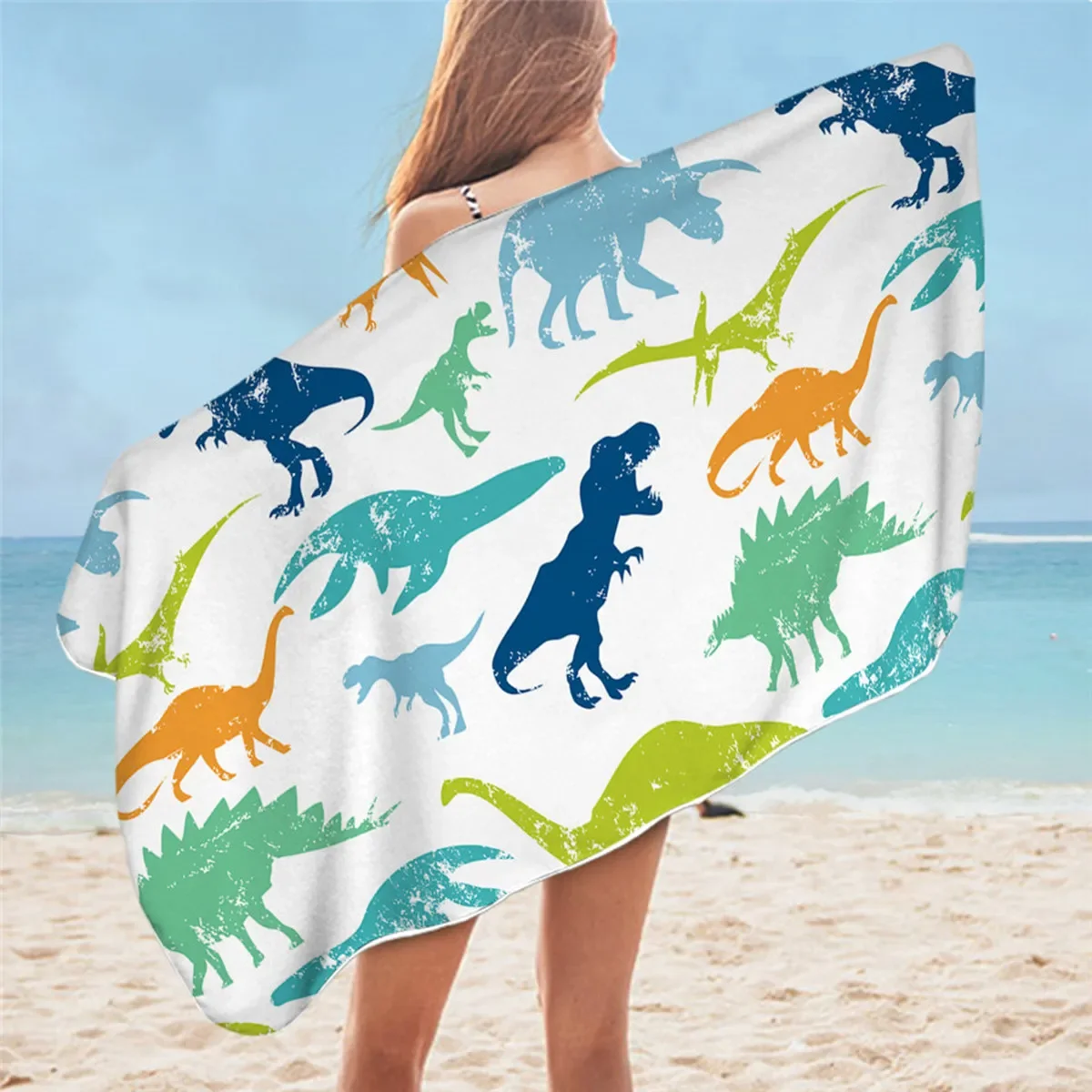

Cartoon Dinosaur Beach Towel for Bathroom Jurassic Print Travel for Kids Boys Microfiber Quick Dry Blanket Camp Swim Women Men