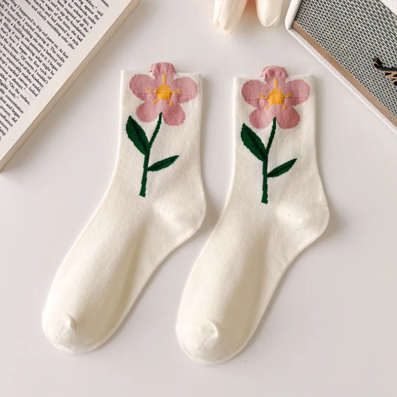 1 Pair Women Socks Japanese Korean Style Cartoon Flower Candy Color Tulip Kawaii Mid Tube Socks Breathable Casual Short Socks