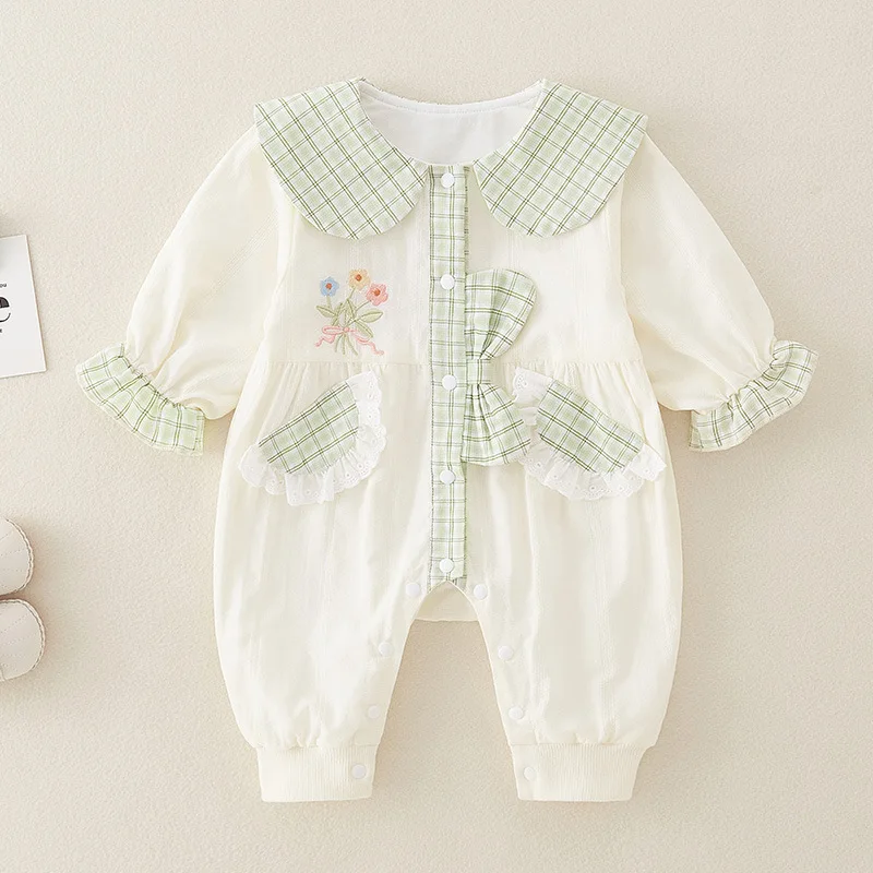 

UNITIM/Детские комбинезоны для маленьких девочек с воротником Питера Пэна, боди с цветочной вышивкой для маленьких девочек, лоскутные комбинезоны для новорожденных девочек, комбинезон