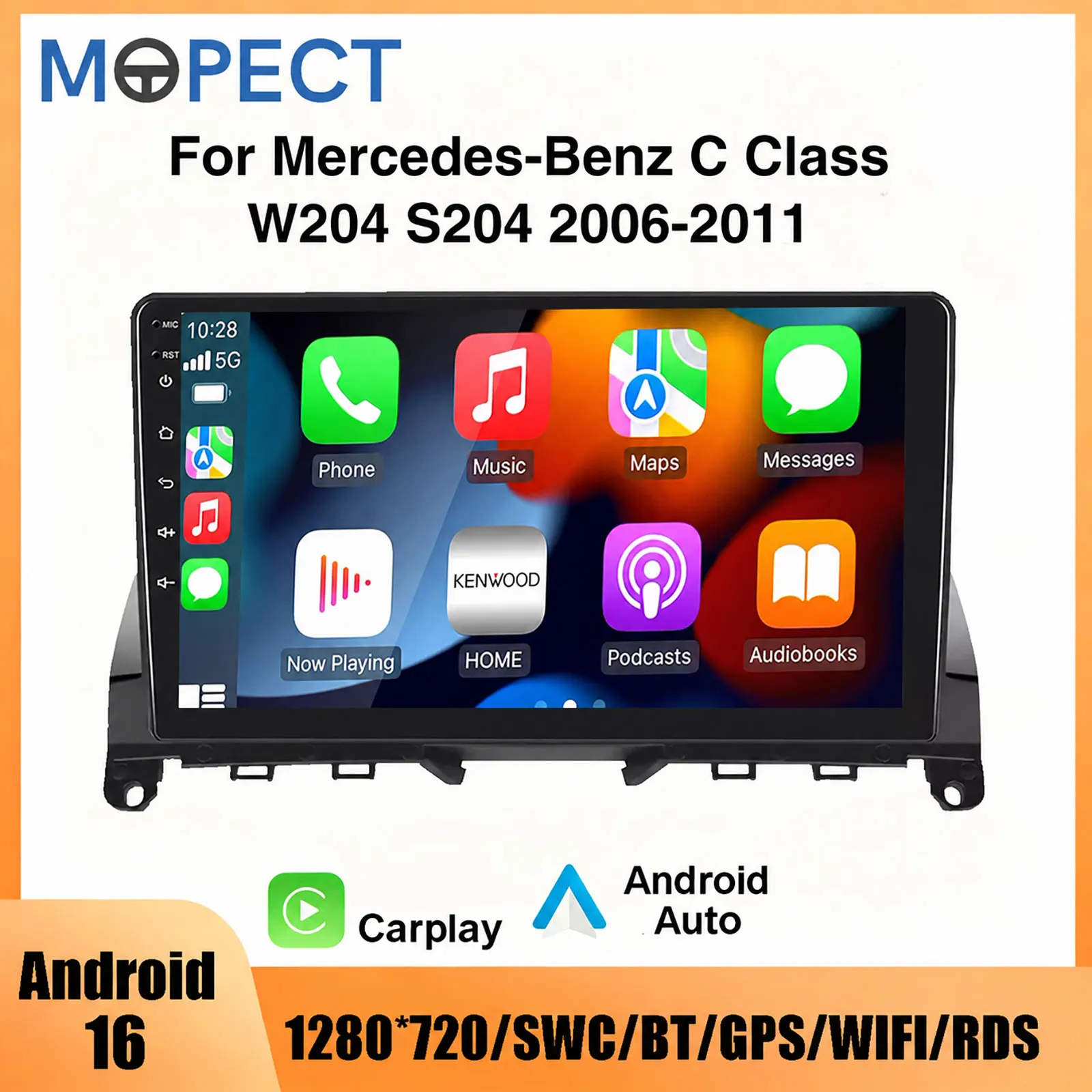Autoradio MOPECT con lettore stereo, Carplay, Android Auto, per Mercedes-Benz Classe C W204 S204 2006-2011, lettore multimediale per auto con navigazione GPS, sistema intelligente, BT, 8 Core, 6+128G,