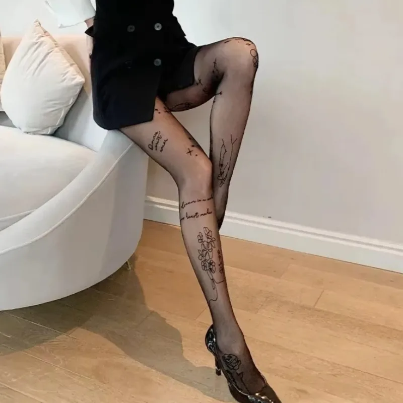Women Sexy Tights with Patterned Tattoos Pantyhose Inscriptions Flower Letter Ladies Thin Long Black Stockings