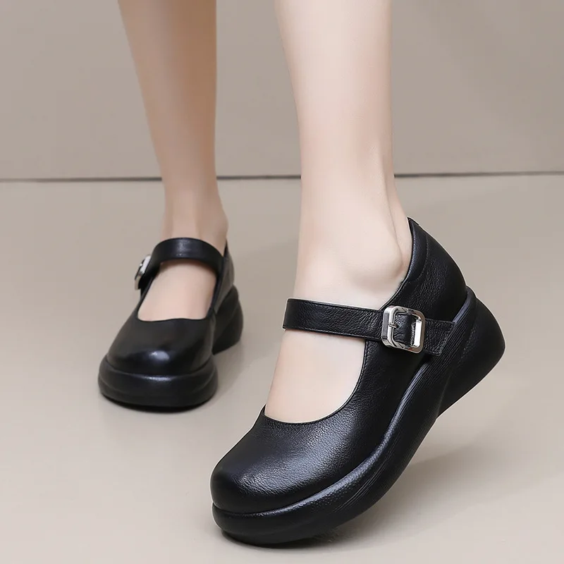 

GKTINOO 2025 New Spring Autumn British Style Genuine Leather Shoes Wedges Shoes Soft soled Buckle Strap Platform Women's Shoes