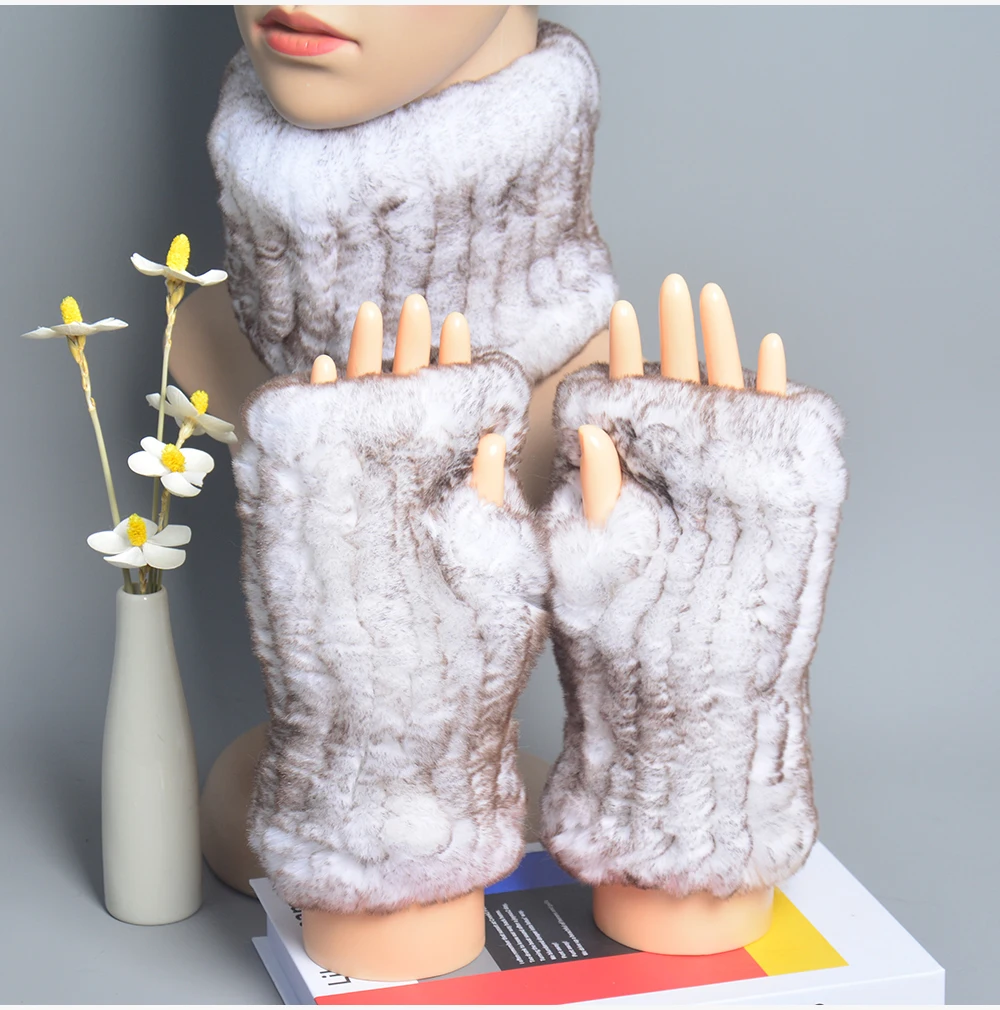 One Set Women Real Rex Rabbit Fur Cuff+Headband Winter Warmer Hat Arm Wrist Sleeve Gloves Female Real Fur Cap+Elastic Wristband