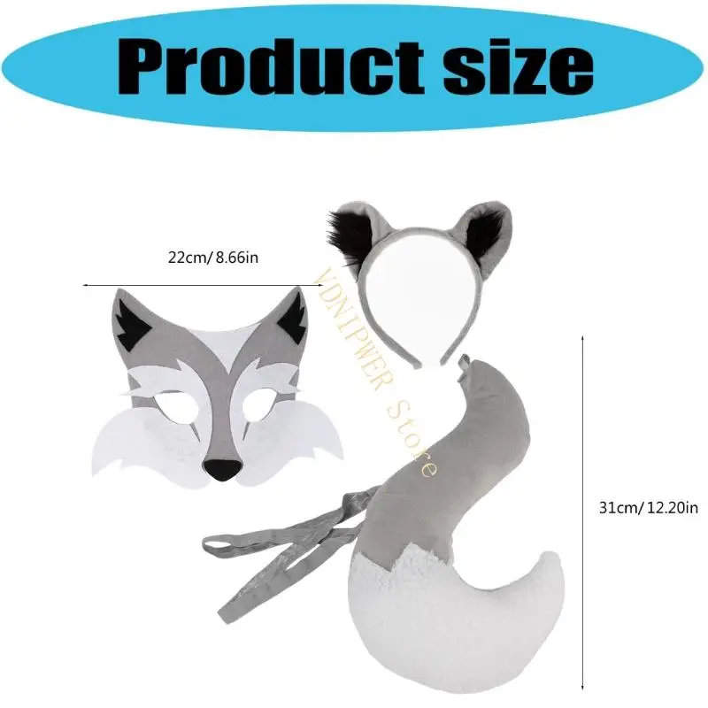 3pcs Cats Wolf Costumes Cosplay Wolf Ears Beads with Tail Wolf Mask Set Halloween Animal Assive Costume Accessories D08E