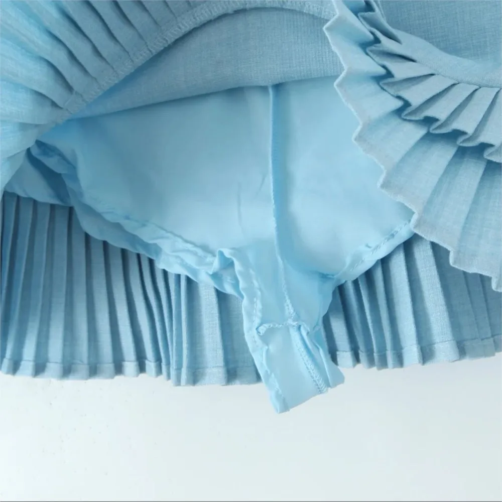 3 สีอเมริกัน Retro Light Blue แพคเกจสะโพก Spliced จีบกระโปรงมินิกระโปรงเซ็กซี่ต่ําเอวสั้น Skater กระโปรงกางเกงขาสั้นซับ