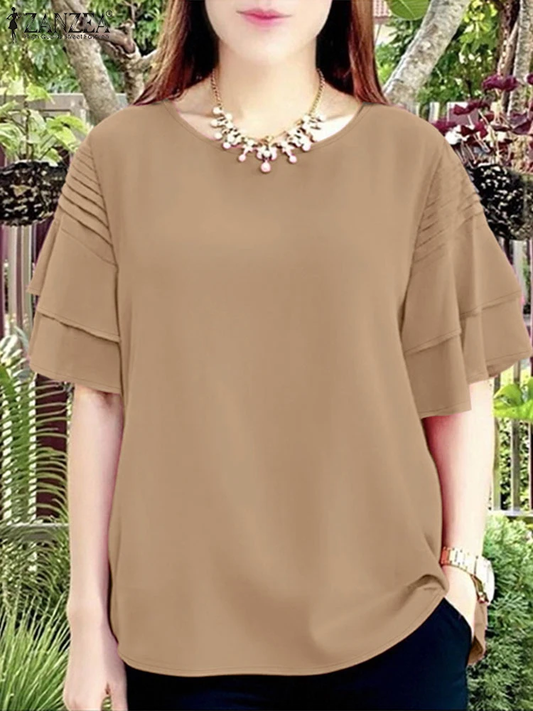 2025 ZANZEA Blusas de verano para mujer, Tops elegantes de trabajo de manga corta, camisa de vacaciones con diseño plisado elegante, Blusas holgadas informales con cuello redondo