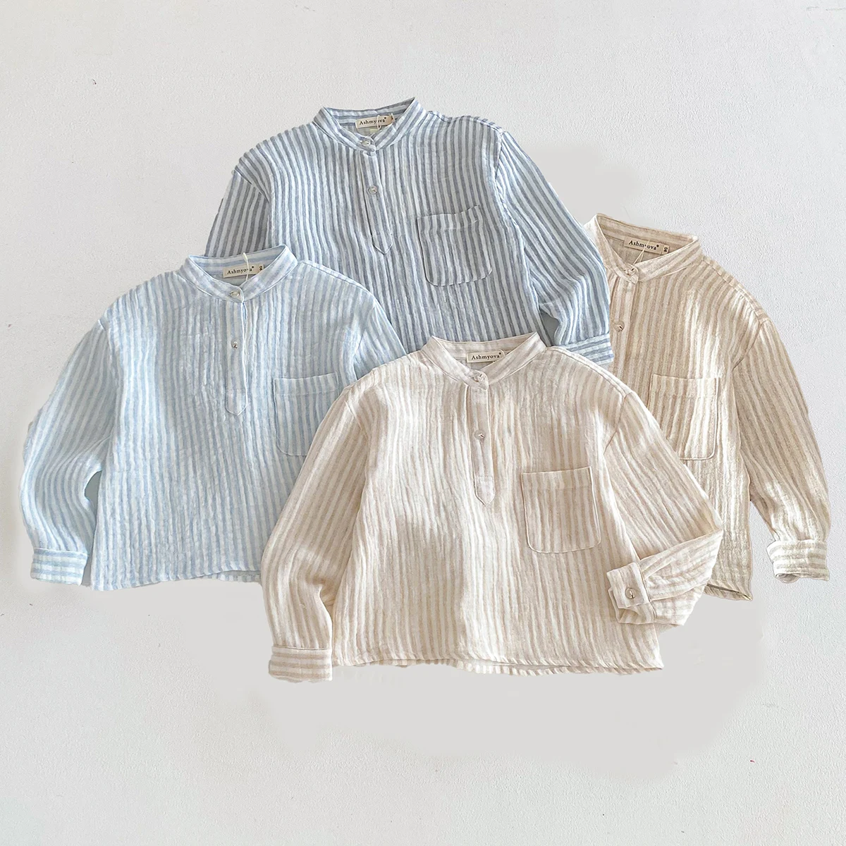 Cotton Linen Shirt Boys Henley Neck Pocket Casual Long Sleeve Stripe Boys Tops T-shirts Children's Vintage Streetwear for 2-8T