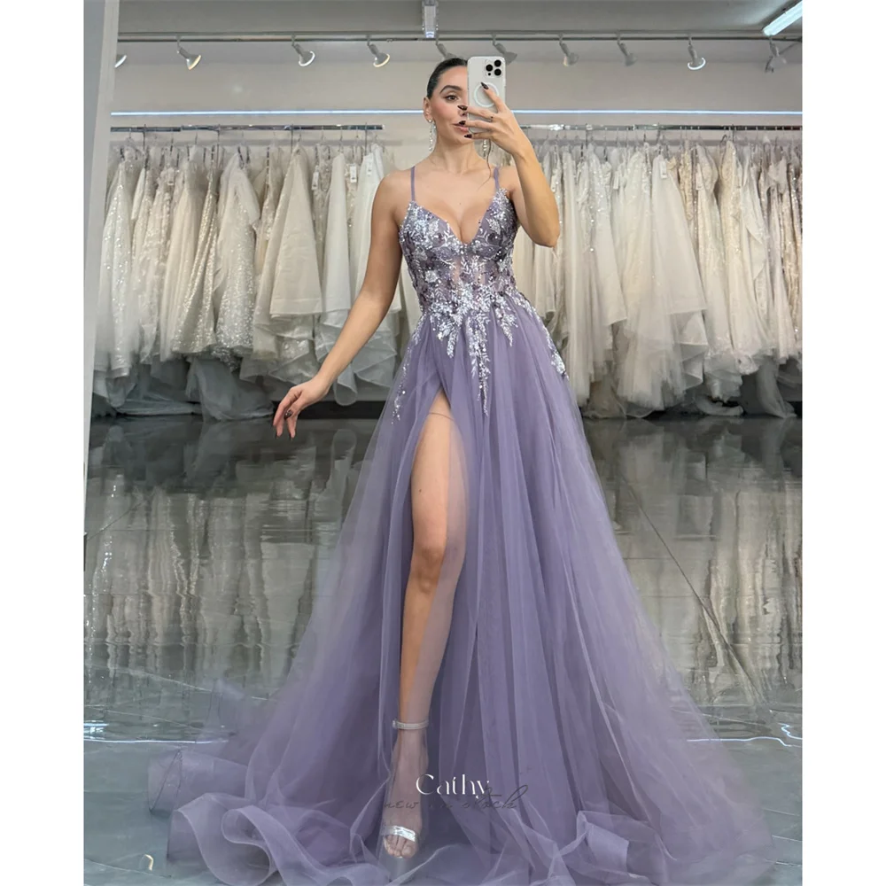 

Cathy Customized Shiny Purple Sequins A-Line Wedding Dresses Spaghetti Strap vestidos de noiva Side Split Long Train Formal 2025