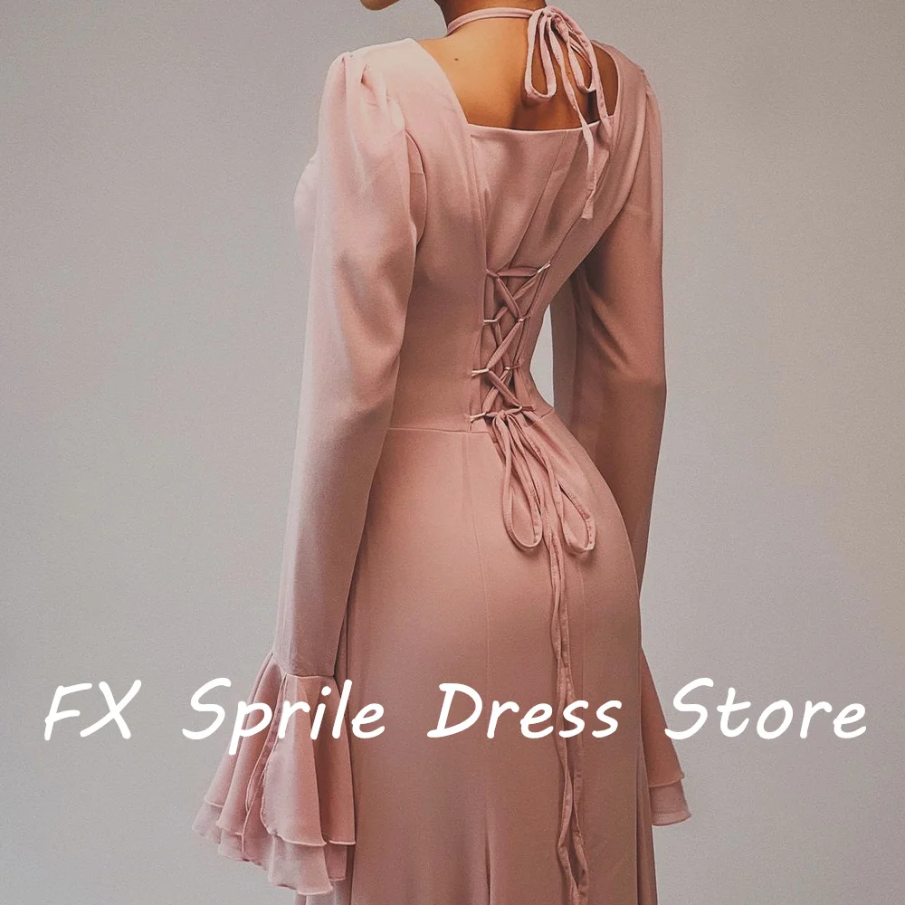 CustomizedSquare Neck Long Flare sleeves Chiffon Ruffles A-Line Floor Length Lace Up Back Solid Color Evening Dresses For Formal