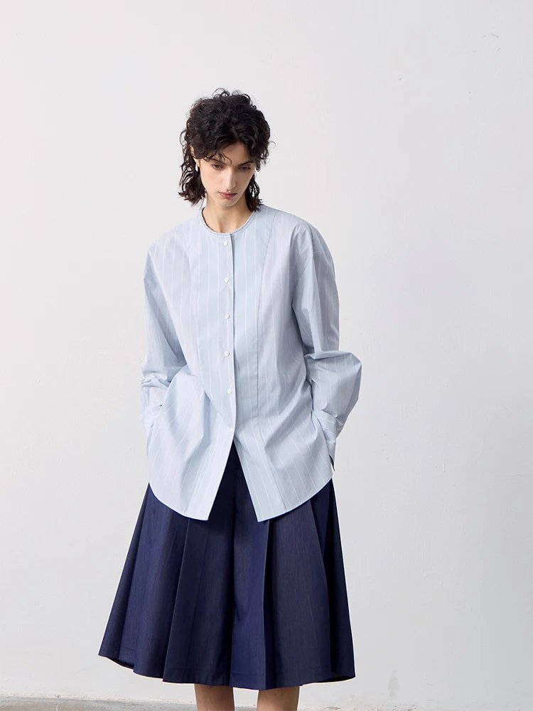 

MeeMeeLab Original Gentleman Ele Pleated Small round Ne Cool Feeling Cotton Striped Loose Long Sve irt