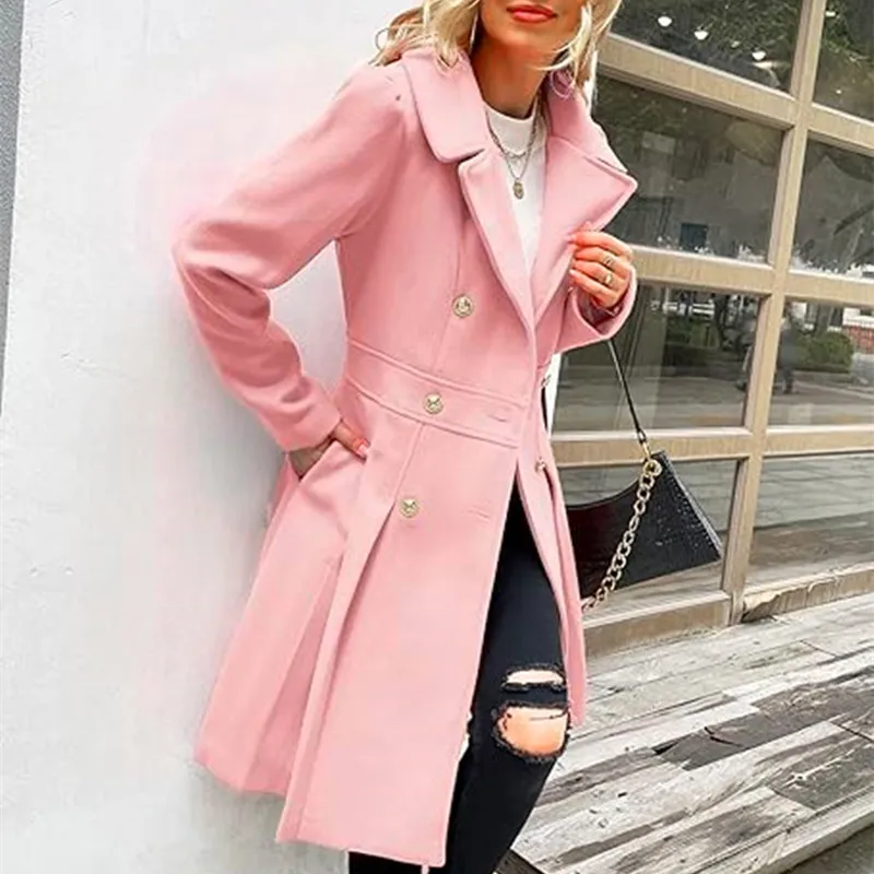 Women\'s Autumn Coat Wool Blend Solid Lined Coats Outerwears Female Jackets Double Breasted Lapel X-length Women\'s Overcoat