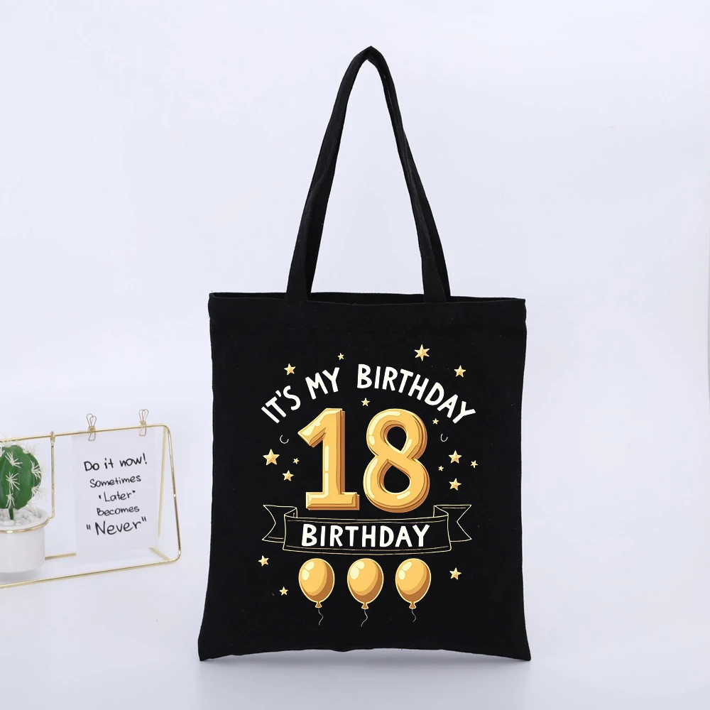 Birthday Celebration Canvas Tote Bag with Number 18 and Balloon Print, Casual Style for Party Outings