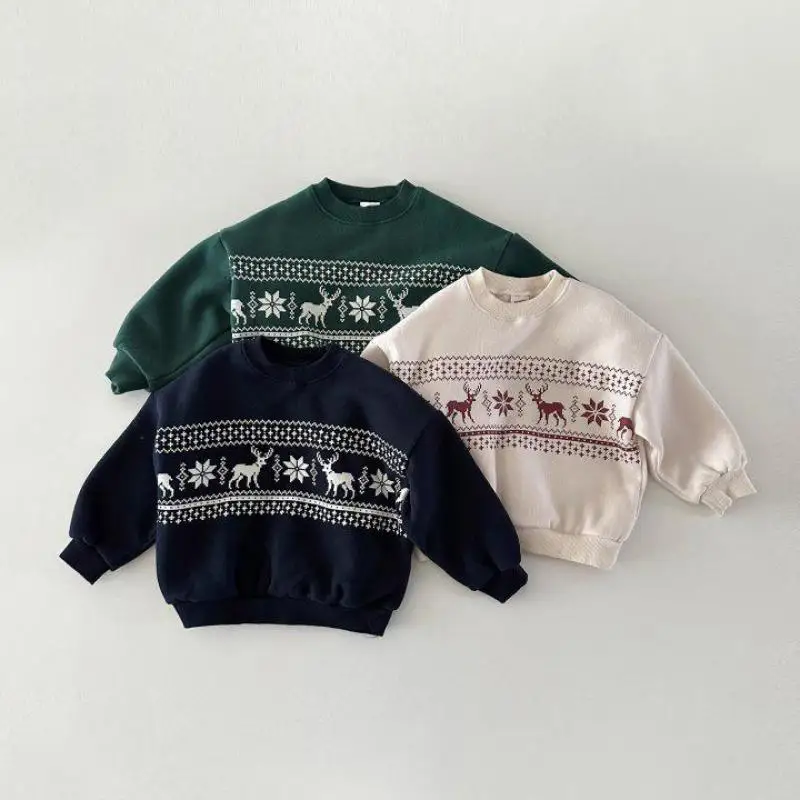 

2025 Winter New Children Warm Sweatshirt Plus Velvet Thick Boys Girls Christmas Tops Baby Fleece Sweatshirt Kids Pullover