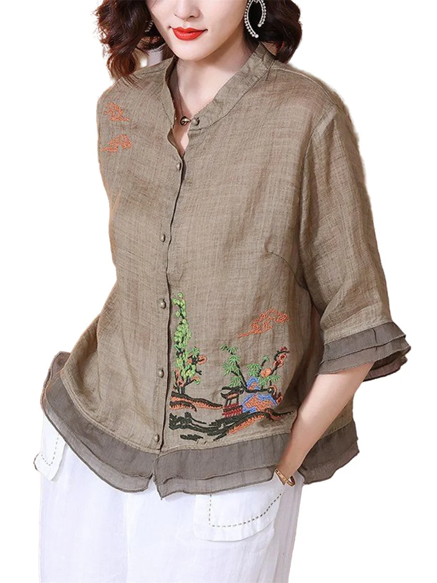 

4XL Women Spring Summer Blouses Shirts Lady Fashion Casual Half Sleeve V-Neck Collar Flower Embroidery Blusas Tops G2007