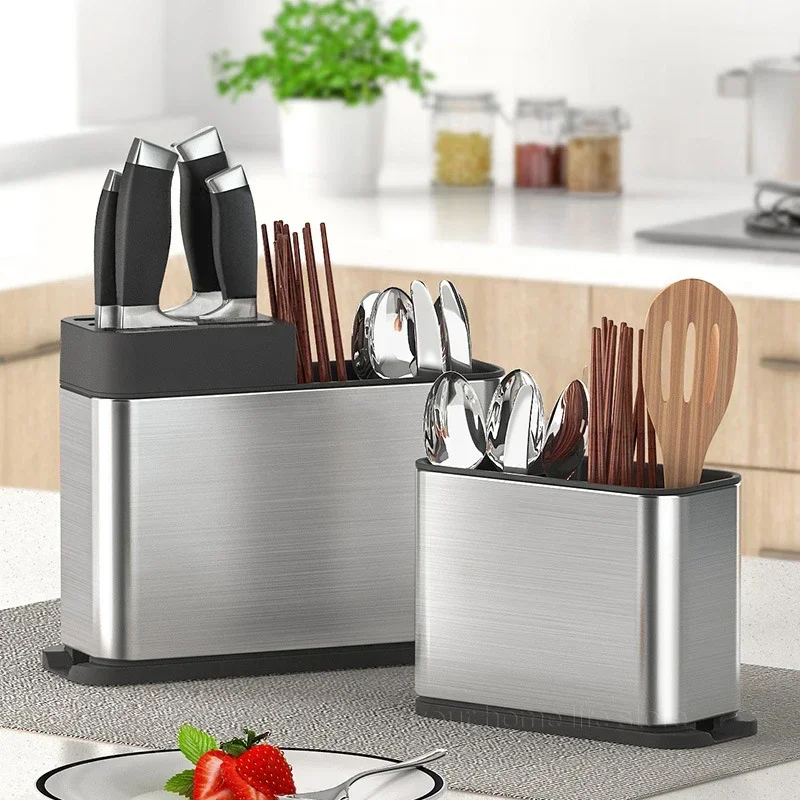 

Knife Holder and Utensil Holder - Stainless-Steel Modern Rectangular Design Universal Knife Block and Kitchen Utensils Organizer